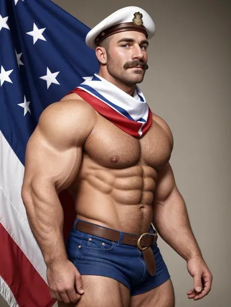 (GS-Masculine:1), (1boy), (front side view), close up shot, (looking at viewer), Very detailed handsome face, heroic, detailed realistic open eyes, (soft smile). (freckles), tan glowing skin, sexy vintage american pinup, mustache, patriotic backdrop, sailor attire, flexing, blue neckerchief scarf, ship captains hat, white casual shorts with a leather belt, muscular, bodybuilder, large muscles
