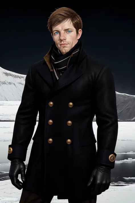 black and white, lineart, vintage_vibes, outline, bold outlne, <lora:sc_dean_epoch_8:0.8> male dnperson, mid-19th century, wool navy jacket, British Royal Navy, wool scarf, gloves, brass buttons, frozen landscape, icy atmosphere, <lora:Vintage_vibes_SD15:1> , starlight, blue eyes