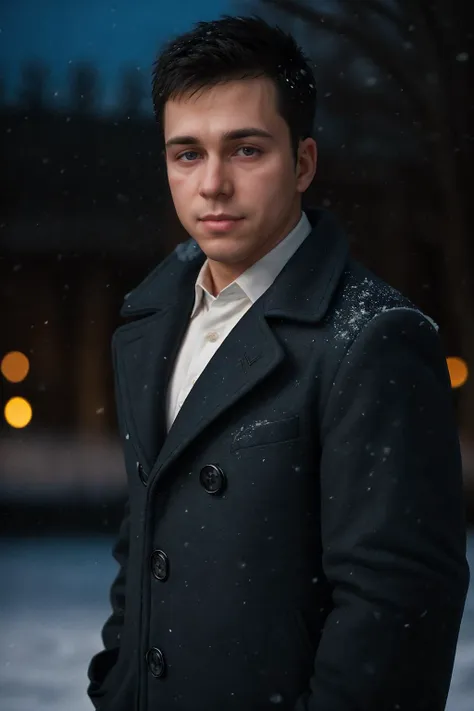 <lora:nick_boisseau_epoch_9:0.8> handsome nbperson wearing woal coat, soft diffused lighting, blue hour, smooth skin, gentle snow fall, bokeh, brooks brothers, (smirk:0.6), blurred background, chicago, soft confidence