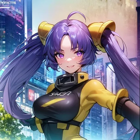 masterpiece, best quality, (1girl, solo),
binko, 1girl, solo, purple hair, twintails, long hair, purple eyes, pantyhose, very long hair, breasts, antenna hair, gloves, smile, hair ornament, large breasts
 <lora:Binko0010:0.65>
blush,
((((( outdoors, city, upper body, dynamic pose, looking at viewer, )))))