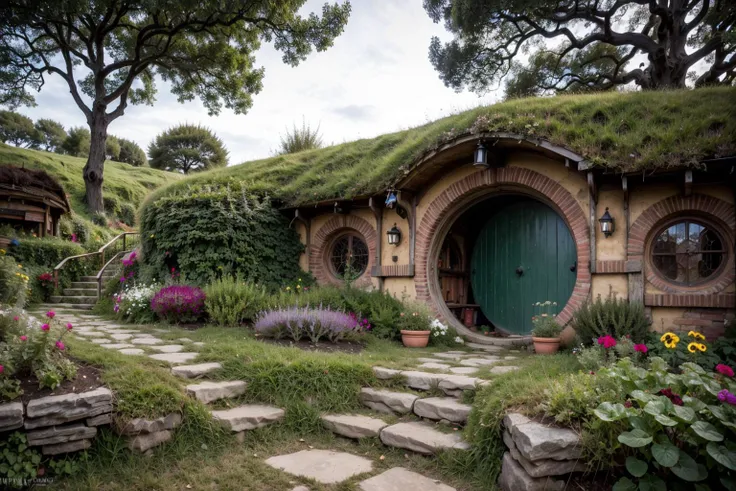 RAW photo of bush, day, door, fence, flower, hobbit hole, nature, no humans, sky, stairs, tree <lora:Hobbit_Hole:.8>