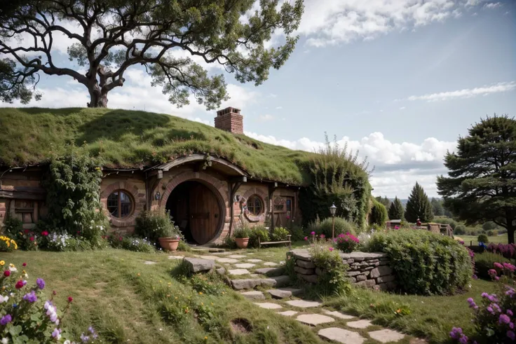 RAW photo of bush, day, door, some goats eating grass, a fence, flowesr, hobbit hole, nature, no humans, sky, stairs, tree, smoke rising from a chimney <lora:Hobbit_Hole:.8>