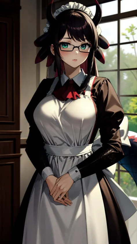 <lora:House_Dragonmaid_YGO:0.8> House_Dragonmaid_YGO, 1girl, green eyes, black hair, long hair, dragon girl, dragon horns, black horns, multicolored horns, dragon tail, dragon wings, collared dress, long dress, long sleeves, (large breasts:1.2), maid, maid apron, lace-trimmed apron, maid headdress, puffy long sleeves, puffy sleeves, red ascot, glasses, indoors, mansion <lora:add_detail:0.8>
