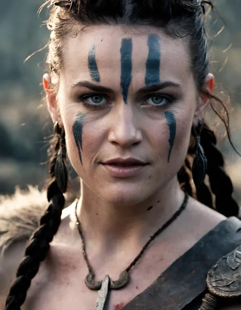 cinematic photo Close-up of (((ohwx woman))) in Hellblade: Senua's Sacrifice, emerging from black mud, long hair with dreads, war blue paint, paint fading, angry expression, dirty face, finely detailed eyes, moody, viking clothes, epic scene, epic composition, Photography, Cinematic Lighting, Volumetric Lighting, ethereal light, intricate details, extremely detailed volumetric rays <lora:gugino_lora_sdxl_v1-000008:1> . 35mm photograph, film, bokeh, professional, 4k, highly detailed
