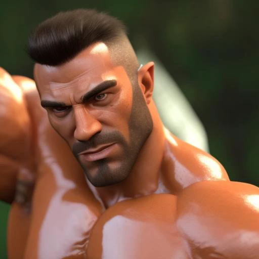 male focus, front view, ((whole body)), muscular:1.4, bodybuilder, large pectorals:1.2, big nipples, heroic, realistic face, realistic eyes, (detailed facial features), (hairy) ((wearing a thong with a large bulge)), highly detailed, volumetric light, dramatic pose, smiling, looking at viewer, nature setting, by remert <lora:ticktockLora-10:0.5>
