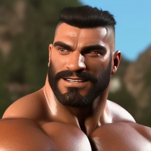 male focus, front view, ((whole body)), muscular:1.4, bodybuilder, large pectorals:1.2, big nipples, heroic, realistic face, realistic eyes, (detailed facial features), (hairy) ((wearing a thong with a large bulge)), highly detailed, volumetric light, dramatic pose, smiling, looking at viewer, nature setting,by Hazylulu <lora:ticktockLora-10:0.5>