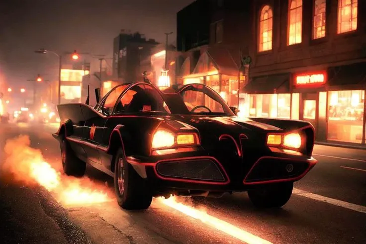 analog gloomy photo of a Batmobile, <lora:b4tm0b1l366:0.8>, racing down an avenue at night, city buildings, outrun, synthwave, retrowave, ((cyberpunk)), explosions in the background, tracer gunfire, High Detail, Sharp focus, ((photorealism)), realistic, best quality, 8k, award winning, dramatic lighting, epic, cinematic, masterpiece, dutch angle, ambient fog:1.3,