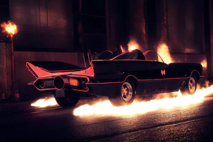analog gloomy photo of a Batmobile, <lora:b4tm0b1l366:0.8>, racing down an avenue at night, city buildings, outrun, synthwave, retrowave, ((cyberpunk)), explosions in the background, tracer gunfire, High Detail, Sharp focus, ((photorealism)), realistic, best quality, 8k, award winning, dramatic lighting, epic, cinematic, masterpiece, dutch angle, ambient fog:1.3,