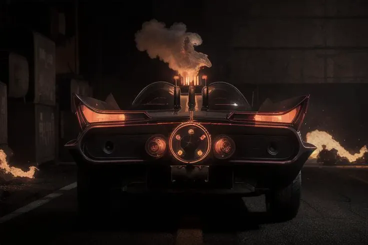 analog gloomy photo of a Batmobile, <lora:b4tm0b1l366:0.8>, racing down a highway at night, outrun, synthwave, retrowave, ((cyberpunk)), explosions in the background, tracer gunfire, High Detail, Sharp focus, ((photorealism)), realistic, best quality, 8k, award winning, dramatic lighting, epic, cinematic, masterpiece, dutch angle, ambient fog:1.3, flame in the exhaust,