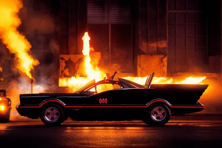 analog gloomy photo of a Batmobile, <lora:b4tm0b1l366:0.8>, racing down an avenue at night, city buildings, outrun, synthwave, retrowave, ((cyberpunk)), explosions in the background, tracer gunfire, High Detail, Sharp focus, ((photorealism)), realistic, best quality, 8k, award winning, dramatic lighting, epic, cinematic, masterpiece, dutch angle, ambient fog:1.3,
