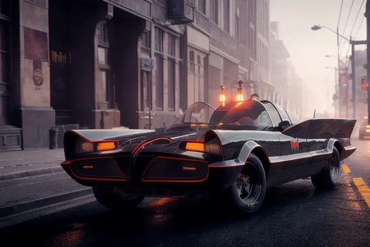 analog gloomy photo of a Batmobile, <lora:b4tm0b1l366:0.8>, racing down an avenue at night, city buildings, outrun, synthwave, retrowave, ((cyberpunk)), explosions in the background, tracer gunfire, High Detail, Sharp focus, ((photorealism)), realistic, best quality, 8k, award winning, dramatic lighting, epic, cinematic, masterpiece, dutch angle, ambient fog:1.3,