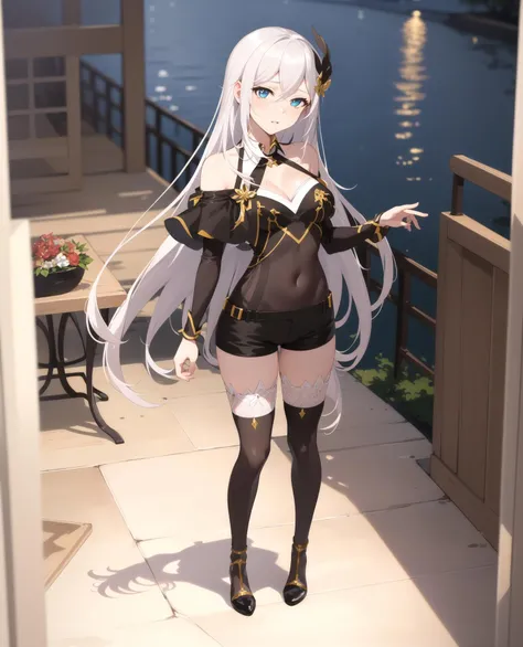 ((masterpiece, best quality, high detailed:1.2)), 8k uhd, 1girl, slender, <lora:CeciliaV1:0.8>, hi3 cecilia, hi3 cecilia valyrie, looking at viewer, full body, parted lips, dress, hair ornament, thighs, shorts, solo, thighhighs, black footwear, medium breasts, bare shoulders