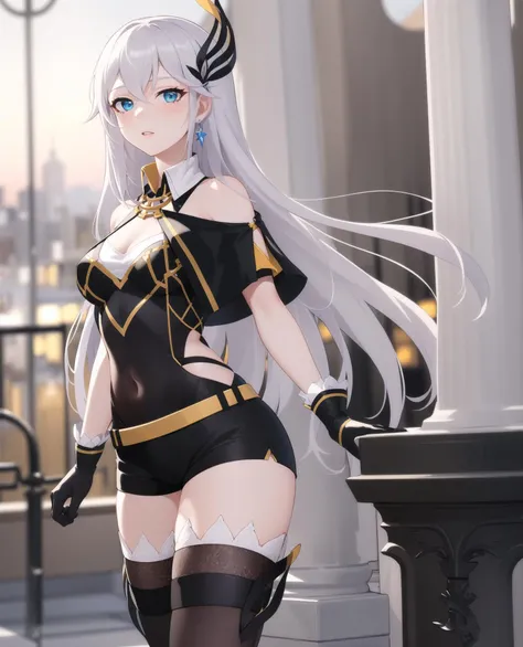((masterpiece, best quality, high detailed:1.2)), 8k uhd, 1girl, slender, <lora:CeciliaV1:0.8>, hi3 cecilia, hi3 cecilia valyrie, looking at viewer, cowboy shot, parted lips, dress, hair ornament, thighs, shorts, solo, thighhighs, black footwear, medium breasts, bare shoulders