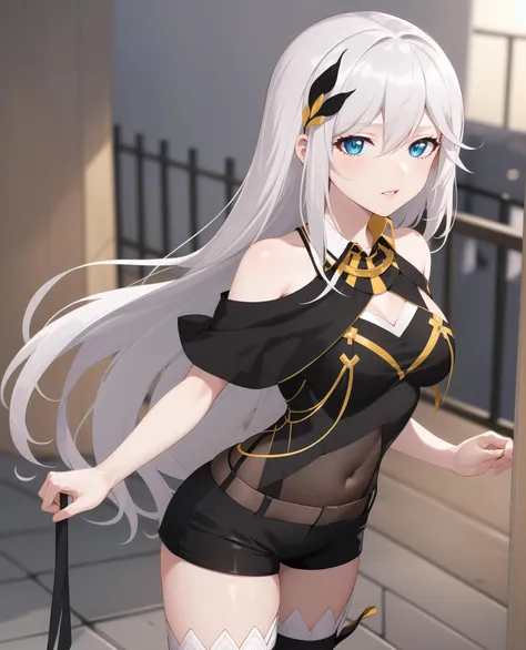 ((masterpiece, best quality, high detailed:1.2)), 8k uhd, 1girl, slender, <lora:CeciliaV1:0.8>, hi3 cecilia, hi3 cecilia valyrie, looking at viewer, cowboy shot, parted lips, dress, hair ornament, thighs, shorts, solo, thighhighs, black footwear, medium breasts