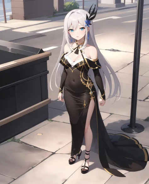 ((Masterpiece, Best Quality, high detailed:1.2)), 8k hd, 1 girl, slender, hi3 cecilia, Hi3 Cecilia Dress, side slit, looking at the viewer, cowboy shot, Chapped lips, black dress, hair ornament, Alone, big breasts, bare shoulders