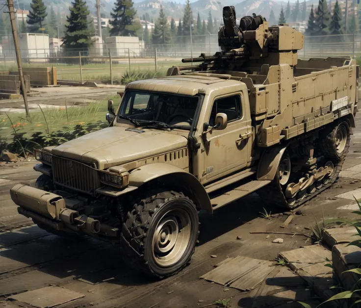 best quality,halftrack,(weaponized vehicle bed,no humans,headlight;1.2),weathered,
dirt road,field,(dusk,twilight),
<lyco:halftrack_v10:0.7>