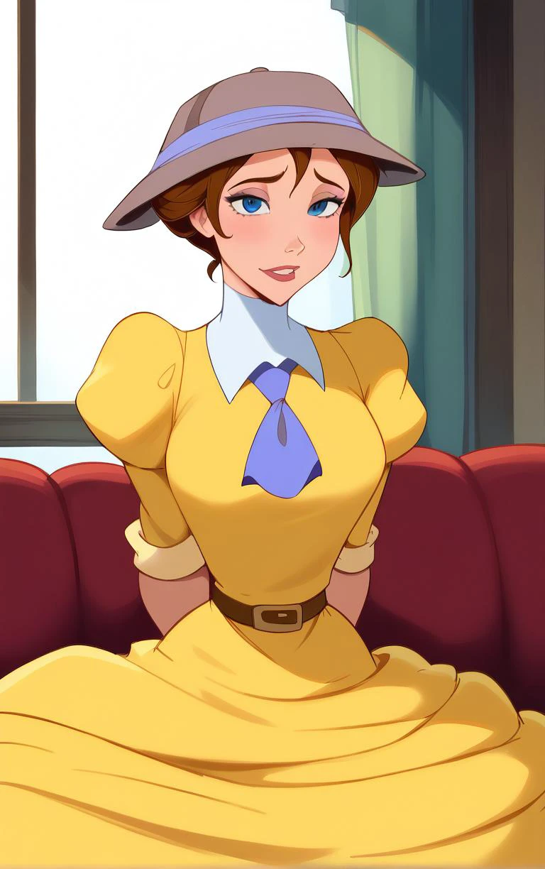 score_9, score_8_up, score_7_up, looking at viewer, BREAK
HatDress_JanePorter_ownwaifu,
1girl, blue eyes, breasts, brown hair, narrow waist, short hair, makeup, lipstick,
belt, blue ascot, brown headwear, hat, sleeves rolled up, turtleneck, white gloves, yellow dress, puffy sleeves, juliet sleeves, necktie, shirt, ascot, dress, blue necktie,
(sitting, spread legs), arms behind back, couch, window shade, indoors, <lora:PONYXL_Tarzan_JanePorter_ownwaifu:0.8> , depth of field, solo,