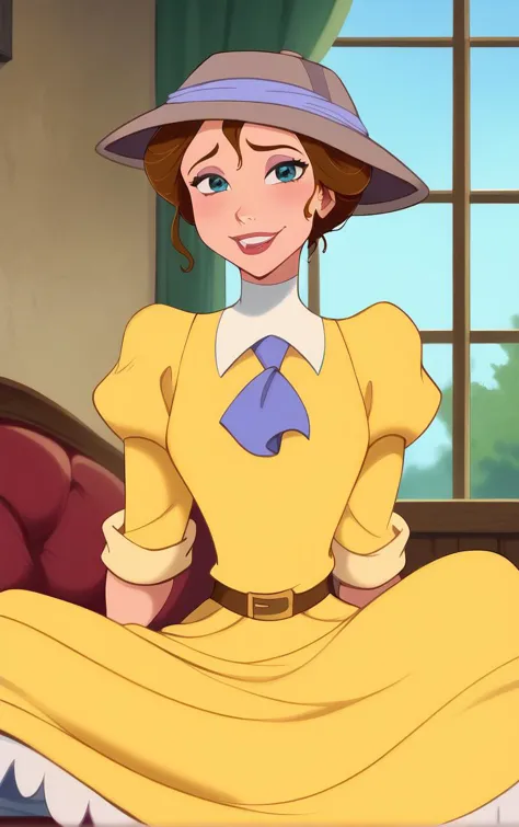 score_9, score_8_up, score_7_up, looking at viewer,  BREAK
HatDress_JanePorter_ownwaifu, 
1girl, blue eyes, breasts, brown hair, narrow waist, short hair, makeup, lipstick, 
belt, blue ascot, brown headwear, hat, sleeves rolled up, turtleneck, white gloves, yellow dress, puffy sleeves, juliet sleeves, necktie, shirt, ascot, dress, blue necktie,
(sitting, spread legs), arms behind back, couch, window shade, indoors, <lora:PONYXL_Tarzan_JanePorter_ownwaifu:0.85> , depth of field, solo,