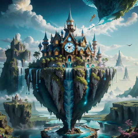clock_realm,clock,((masterpiece)),((best quality)),8k,high detailed,ultra-detailed,illustration,concept art,fantasy,a floating island,candy tree,porcelain house, (floating waterfalls:1.1),(floating islands in the sky:1.2),magical creatures,capturing the otherworldly beauty of a floating fantasy realm,<lora:ClockRealm:1>