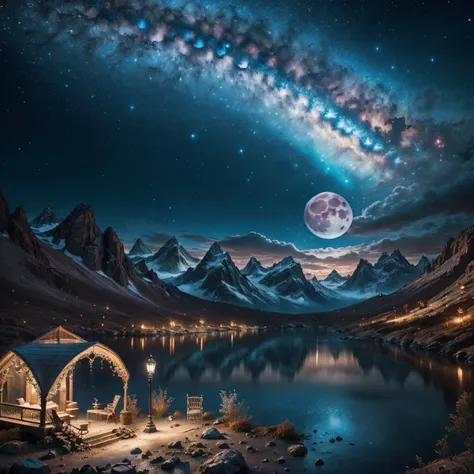 ((high quality realistic)), (photorealistic:1.4, realistic), highly detailed CG unified 8K,fantasy,The night where the stars fill the sky background ,dark tone,High detailed, light,Circle,wrench_elven_arch,outdoors,big moon,mountain range,<lora:ClockRealm:1>clock