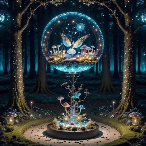 pattern A twilight forest teeming with enchanted flora, the radiant mushrooms casting an enchanting glow, ethereal creatures with iridescent scales and feathers flit through the air, creating an atmosphere of wonder and enchantment, Sculpture, crafted from luminescent materials,<lora:ClockRealm:1>clock