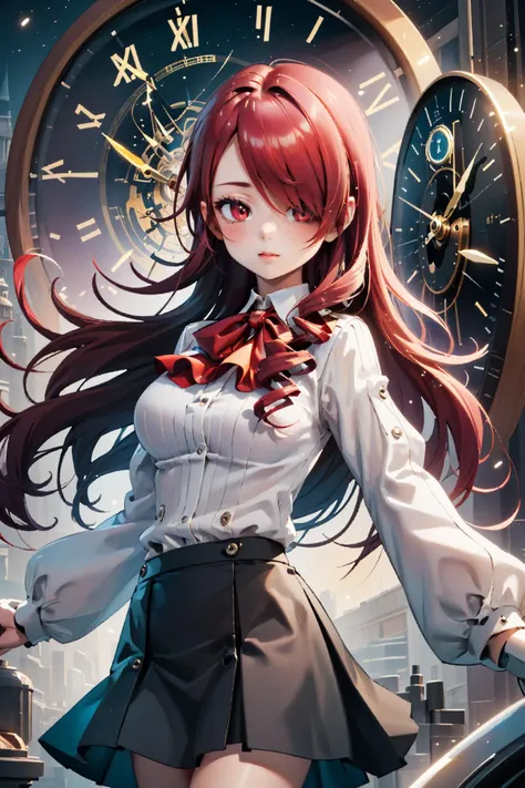 ((masterpiece)), (best quality), official art, extremely detailed CG, unity 8k wallpaper, ultra detailed,
1girl, red hair and red eyes, kirijodef, hair over one eye, school uniform, bow, black skirt. <lora:persona3_kirijou:1>,
fantasy, clock, light particles, motion lines, dynamic angle, <lora:ClockRealm:0.9>,