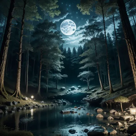 deserted wooded cave river type back with creatures rapacious living area, dark forest, moonlight, multiple trees, <lora:ClockRealm:1>clock