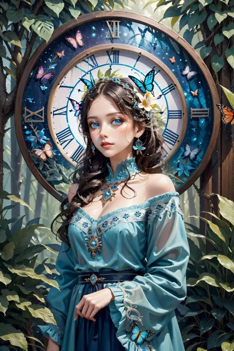 clock_realm,clock,((masterpiece)),((best quality)),8k,high detailed,ultra-detailed,clock_realm,clock,fantasy,1girl,butterfly,bug,long hair,jewelry,flower,earrings,solo,hair ornament,dress,nature,brown hair,looking at viewer,blue dress,forest,hair flower,see-through,blue butterfly,lips,bare shoulders,upper body,long sleeves,roman numeral,tree,blue eyes,plant,glowing butterfly,off shoulder,<lora:ClockRealm:1>,