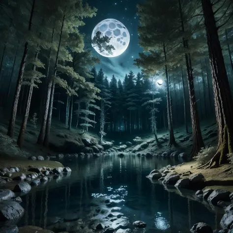 deserted wooded cave river type back with creatures rapacious living area, dark forest, moonlight, multiple trees, <lora:ClockRealm:1>clock