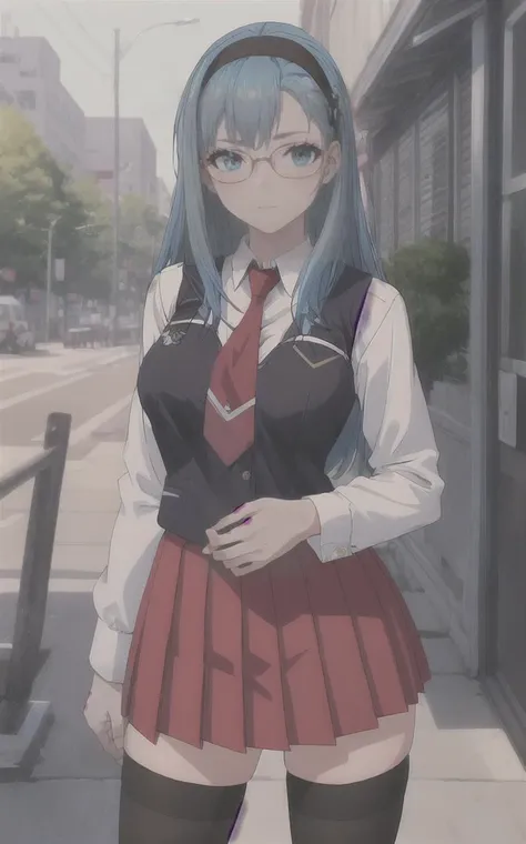 SchoolUniform_JunkoMochida_ownwaifu, ,
1girl, blue hair, long hair, glasses, hairband, large breasts, blue eyes, 
school uniform, red necktie, vest, red skirt, pleated skirt, zettai ryouiki, thighhighs, legs, 
<lora:FAP_BibleBlack_JunkoMochida_ownwaifu:0.7> ,
((masterpiece)),((best quality)),(highres), bokeh, depth_of_field, spotlight, scenery, looking at viewer, solo, contrapposto, cowboy shot,