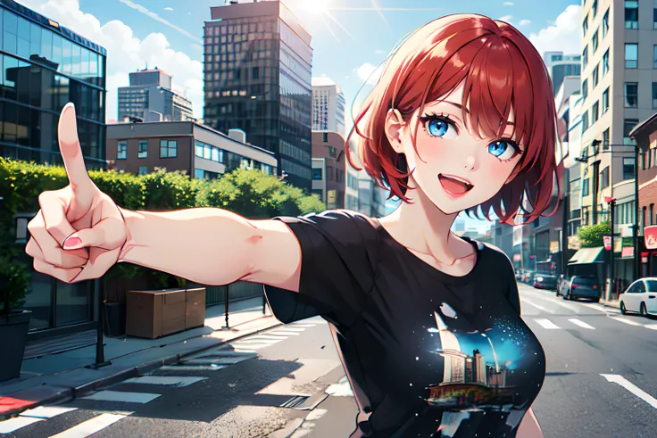 1girl, pointing at viewer, short hair, red hair, blue eyes, black shirt, T-shirt, short sleeves, collarbone, open mouth, smile, outdoors, city, cityscape, blue sky, sunlight