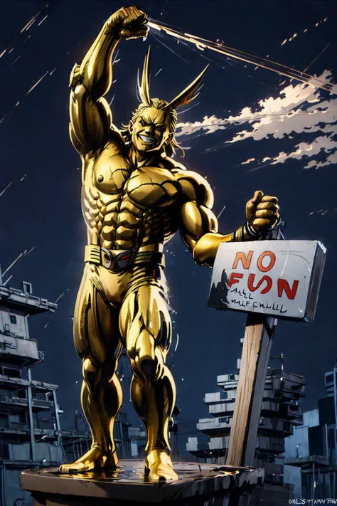 (best quality), (masterpiece),ultra-detailed,
1boy,statue,
<lora:NoFunAllowedMemeV2:1.25> ,IncrsNFAMeme, sign,
<lora:allmightv1:0.8> allmight, smile, antenna hair, one arm up,
<lora:hands_of_midas_v4:0.4> ,statue, gold,gold statue,
sky,rain,night,
<lora:shaded_v10:1>,shaded face,wet,
<lora:flat2:-0.5>,
<lora:LowRa:0.3> ,dark theme,