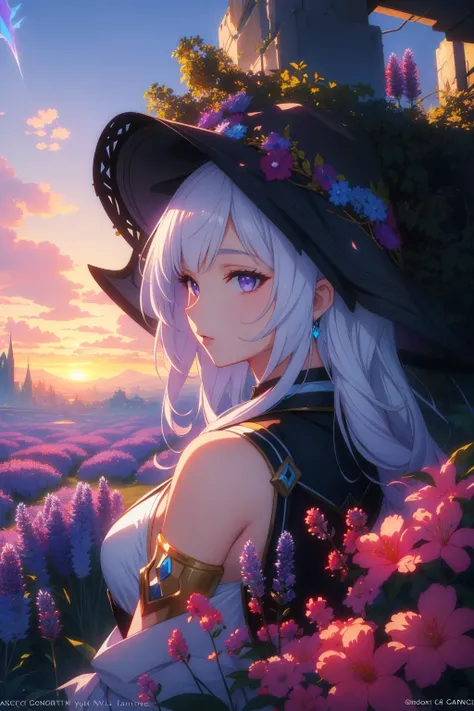 1girl, colorful On pale Neutral paper, League of Legends Splash Art, 3/4 view of a dark white ("Ascendant Evincar":1.3) , it is very Serious and Nutty, city and Lavender background, desolate hillside and flora, at Sunrise, Wide view, Overdetailed art, Romantic, Auto-Destructive Art, broad lighting, F/1.8, Mono Color, behance HD, otherworldly, unreal engine, trending on CGSociety, (by Adi Granov:1.1) , nature