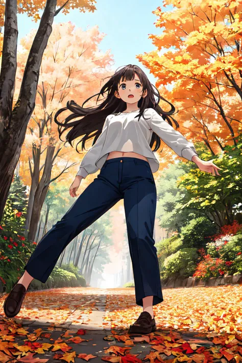 long haired girl, falling leaves, pants