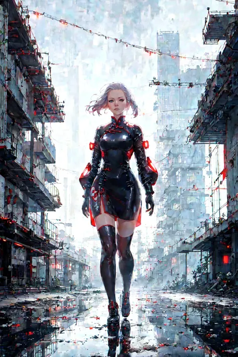 A woman wearing red white futuristic high-tech cheongsam, complex construction,
cat walking,
well lit industrial ruins, puddles, reflections,
reflections, fog, warm palette, wide focus,
[[Tilda Swinton | Jennifer Lawrence]:6],
style of Chris Cold