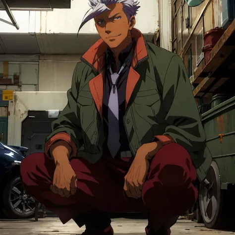 <lora:orgaV1:0.8> orgas2j, dark skin, white hair, spiked hair, military uniform, green jacket, jacket on shoulder, formal, suit, necktie
squatting, closed mouth, smirk,looking down,
garage,