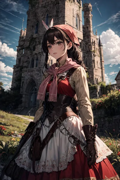 (best quality), (masterpiece),(ultra-detailed:1.2),ultra high res,from below,cowboy shot,
1girl,short stature,
<lora:yunica-nvwls-v1:0.85> ,yunica, single braided ponytail ,(bandana:1.1), feather hair ornament, pink scarf, red dress,corset, apron, gloves,brown hair,long sleeves,
(huge tower rising:1.1),grassfields,rocky,
<lora:flat2:-0.3> ,
<lora:LowRa:0.3> ,