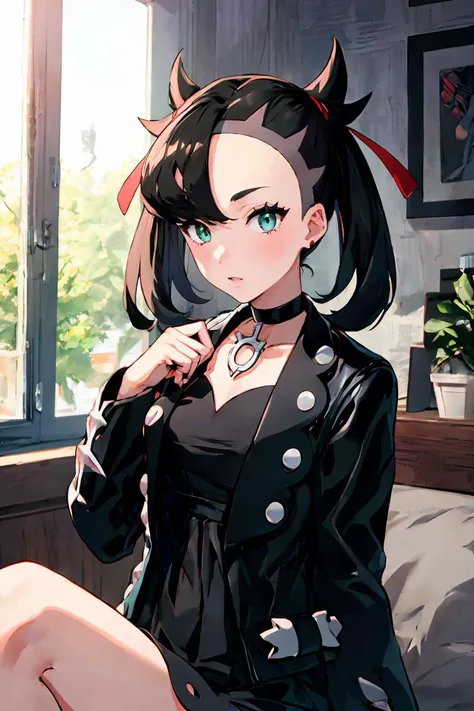 (masterpiece, best quality), 1girl, <lora:marnie_pokemon:1> marnie_pokemon, choker, red ribbon, black choker, dress, jacket, black jacket