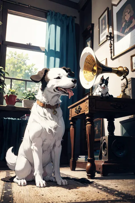 absurdres, (best quality), (masterpiece),(ultra-detailed:1.2),ultra high res,
1dog,gramophone,phonograph,fox terrier,sitting,lonely dog,