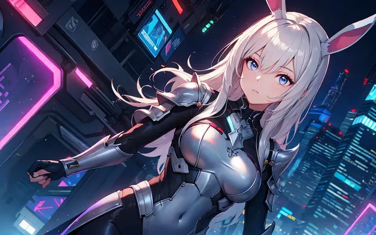 1girl, bunny ears, detailed eyes, full clothes, armor, cyberpunk, upper body, dutch angle, hd wallpaper, extended arms