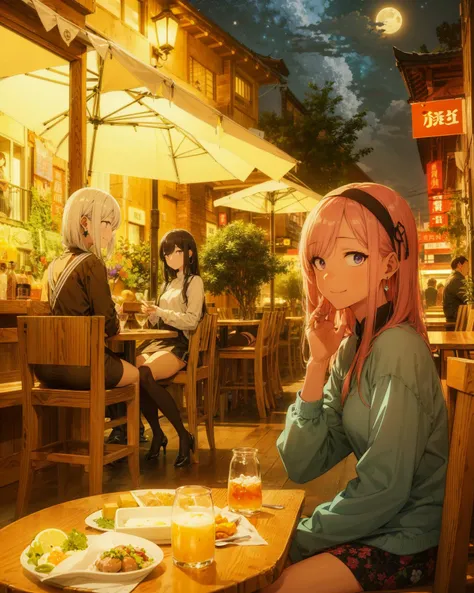 <lora:GoodHands-vanilla:1>,Best quality,(masterpiece:1.1576),(ultra detailed 8k art:1.05),(wide Shot),3girls,sitting,smile, purple eyes,white Medium hair,Medium hair,earrings,small breasts,
<lora:sanpaku-eyes-v2:1> ,sanpaku, Black wavy hair BREAK
China,fantasy,restaurant,(outdoor seating,out door),(full body),midnight, starry sky,moon,((be crowded,thriving,fully occupied:2)),downtown,bar, China town, void,(night view),Pond, Izakaya lined up along the pond