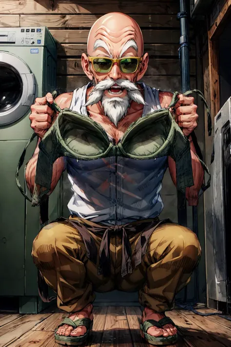 (best quality), (masterpiece),(ultra-detailed:1.2),ultra high res,
1boy,(grin:1.1),squatting,open mouth,
holding bra,
<lora:roshi_v0_4_dadap:0.9> ,muten roushi, old man,bald, facial hair, beard, mustache, white hair, white tank top, light brown pants, brown sash, green sandals, sunglasses, blue-tinted eyewear,
sunglasses reflection,
<lora:boobsweatconcept:0.9>,
indoor,washing machine,
<lora:flat2:-0.3> ,
<lora:LowRa:0.2> ,