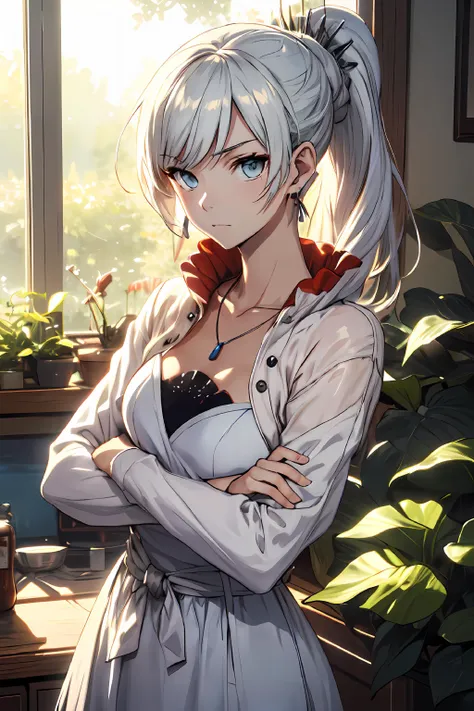 (masterpiece, best quality:1.2), cowboy shot, solo, 1girl, weissvale, expressionless, closed mouth, looking at viewer, crossed arms, ponytail, white dress, jewelry, necklace, earrings <lora:rwby_weissschnee:1>