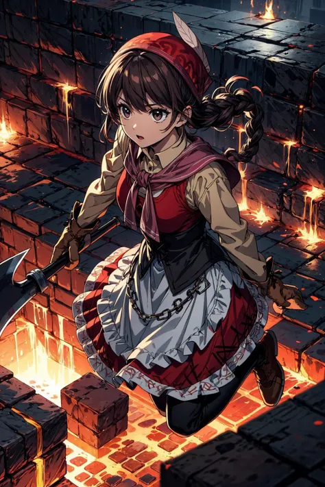 (best quality), (masterpiece),(ultra-detailed:1.2),ultra high res,from above,(close up:1.1),
1girl,solo,(holding axe:1.1),(jumping:1.1),axe in hand,
<lora:yunica-nvwls-v1:0.88> ,yunica, single braided ponytail ,(bandana:1.1), feather hair ornament, pink scarf, (red dress:1.1), red skirt,corset, apron, gloves,brown hair,long sleeves,
wind,swirling ,
<lora:fireFloatingBrick:0.45>,jumpMoltenRock,floating brick object,(lava:1.3), (floating block:1.1),
<lora:flat2:-0.4> ,
<lora:LowRa:0.2> ,