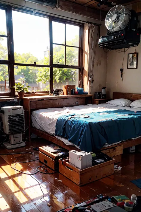 ((best quality, masterpiece, absurbres)), (Sleeping on the floor), (Lying on the floor), Afternoon nap, sleeping, (close eyes), sweet dream, very hot summer, Heat wave, ((Electric Fan Blowing Wind)), Sleeveless, scantily clad, sweating, (messy room), open window, by the window