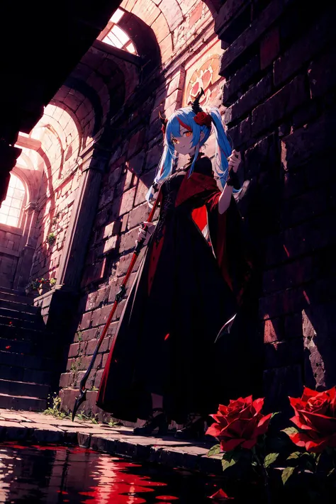 dutch angle, from below, best quality, (wide Shot, masterpiece, ultra detailed 8k art), best hands, (2 horns, focus 1 Girl of Death face), tilt one's head, (cmulti colored hair:1.3), low twintails, evil smile, glowing yellow eyes, Black dress, (Grab the golden grim reaper's scythe) BREAK
(red pool, last judgment:1.2), red pool with floating White Rose, scary, Wall with mysterious carvings, gothic, catacombs, Rose, labyrinth, complex building, High ceilings, large spaces