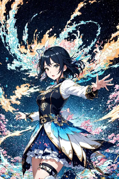 style of Hiroshi Yoshida,
happy [Yui Aragaki | Satomi Ishihara], [papercraft:1], action pose, color splash, [fractal art:1], intricate abstract background, tornado, liquid