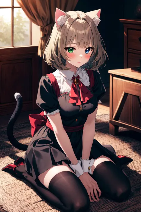 <lora:takagaki kaede_Loha:0.7>, takagaki kaede, 1girl, animal ears, tail, solo, heterochromia, blue eyes, thighhighs, cat ears, cat tail, green eyes, dress, short hair, black dress, tail ornament, short sleeves, black thighhighs, paw pose, bangs, kemonomimi mode, blush, ascot, puffy sleeves, cat girl, breasts, bow, zettai ryouiki, frills, puffy short sleeves, tail bow, animal ear fluff, wrist cuffs, brown hair, red bow,
