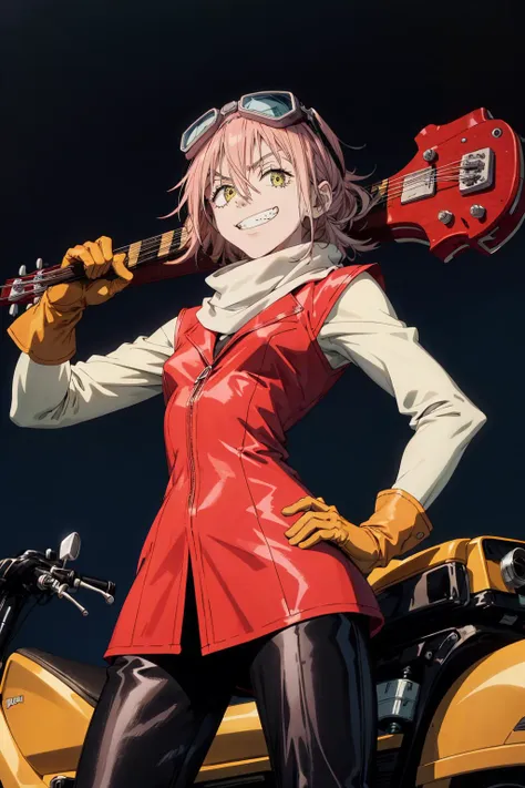 absurdres, (best quality), (masterpiece),(ultra-detailed:1.2),ultra high res,cowboy shot,close up,
1girl,(grin:1.2),yellow scooters,yellow moped,
<lora:Haruko Haruhara:0.9> ,HH, hair between eyes, gloves, goggles on head, scarf,black pants,
<lora:Concept_SwordOverShoulder:0.8> ,weapon over shoulder, hand on hip,(wide bass guitar behind shoulder:1.1),
<lora:flat2:-0.5> ,
<lora:LowRa:0.2> ,