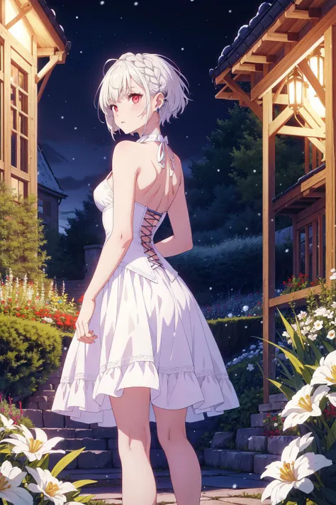 masterpiece, best quality, highres, 1girl, petite, disheveled hair, short hair, braid, earring, glowing eyes, bare back, white dress, short dress, corset, in garden, standing, from behind, night, snowing